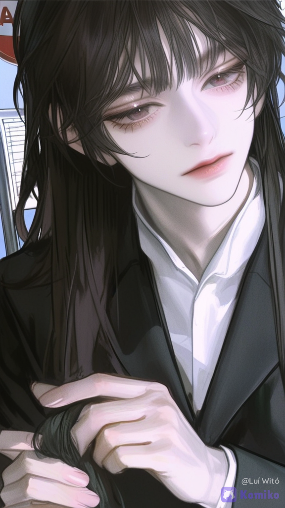 [semi-realistic-portrait-style], @fyori-m-tolstoy-cL0Z, holding hair, head tilt, expressionless, suit, over-the-shoulder shot, looking at viewer, medium long shot, cowboy shot, day, bus stop