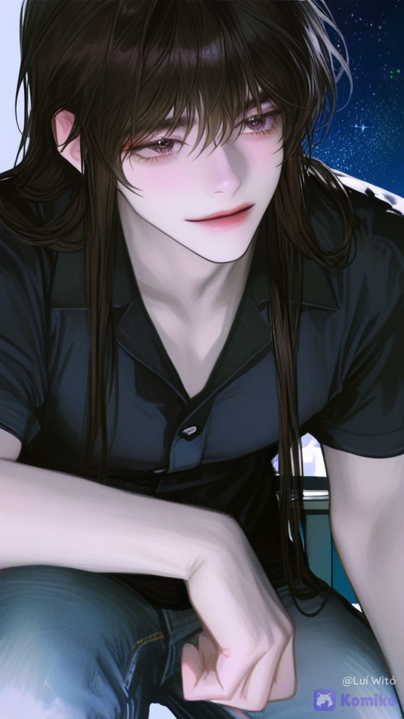 [semi-realistic-portrait-style], @fyori-m-tolstoy-cL0Z, leaning forward, smirk, polo shirt, jeans, full body, medium long shot, cowboy shot, front profile photo, night, starry sky