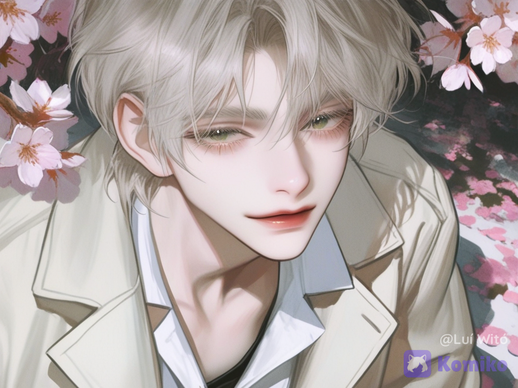 [semi-realistic-portrait-style], @bukowski-dostoy-G7kj, hands in pockets, smirk, polo shirt, long coat, casual pants, looking at viewer, wide shot, cherry blossom path, day