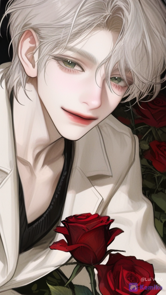 [semi-realistic-portrait-style], @bukowski-dostoy-G7kj, holding a red rose, offering the red rose to the viewer, smile, looking at viewer, cowboy shot, front profile photo, twilight, garden