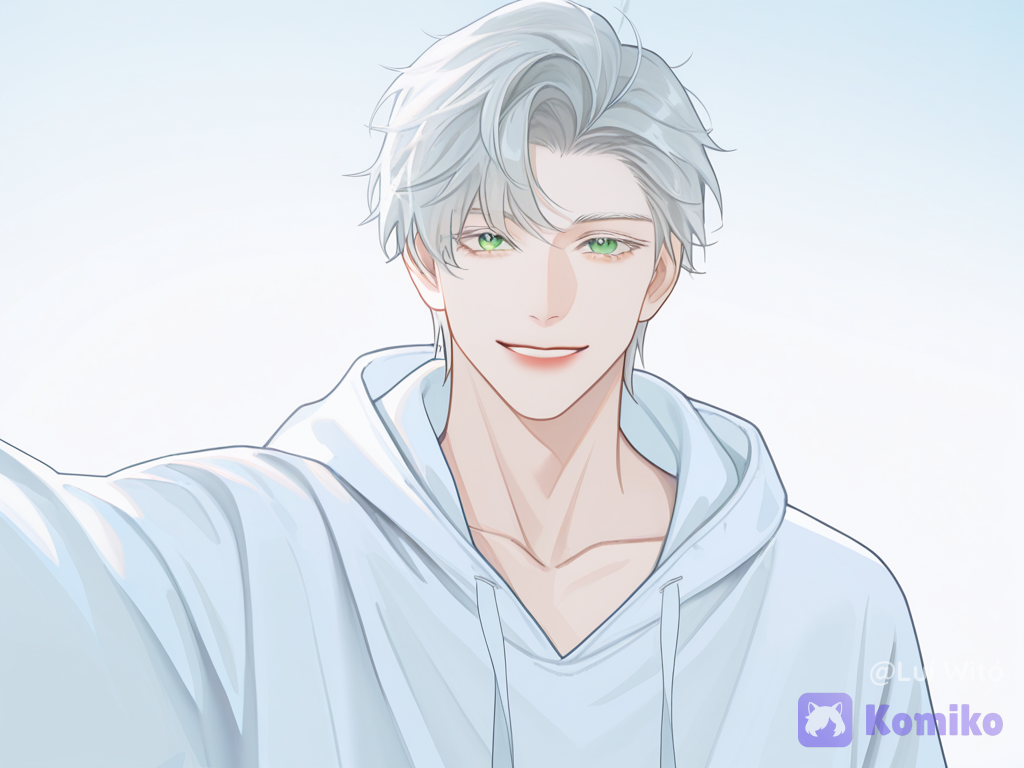 [ethereal-bishounen-style], @bukowski-dostoy-G7kj, selfie, smile, oversized hoodie, casual pants, looking at viewer, front profile photo, sky