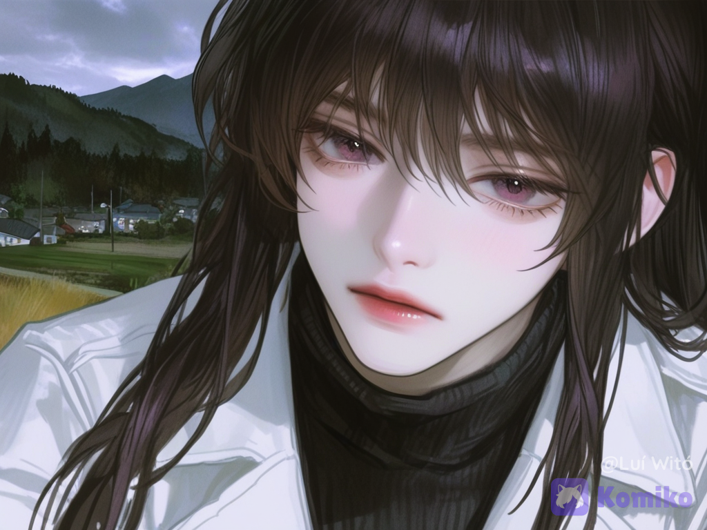 [semi-realistic-portrait-style], @fyori-m-tolstoy-cL0Z, selfie, frown, looking at viewer, front profile photo, mountain village.