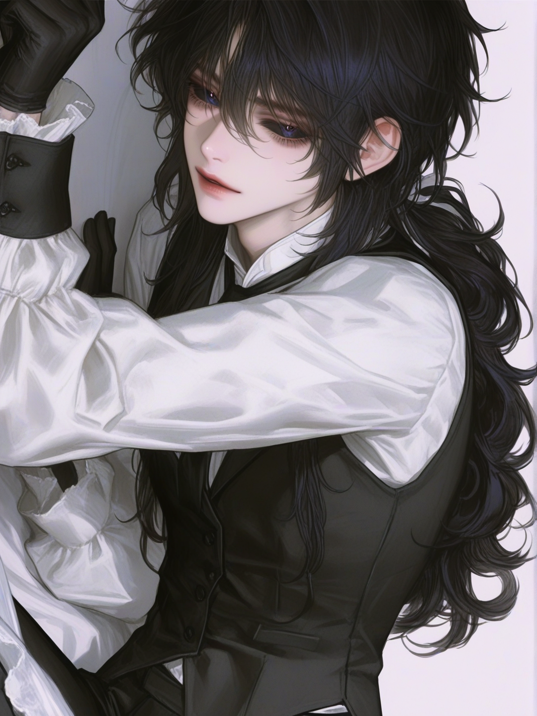 [semi-realistic-portrait-style], a tall, slender man with fair skin, dark blue, curly hair falling to his shoulders, with a lock falling over one shoulder, black sclera, dark blue eyes, a white Victorian shirt with puffed sleeves and gathered cuffs, and a jabot; wearing a black waistcoat over his shirt, loose-fitting black trousers and black gloves.