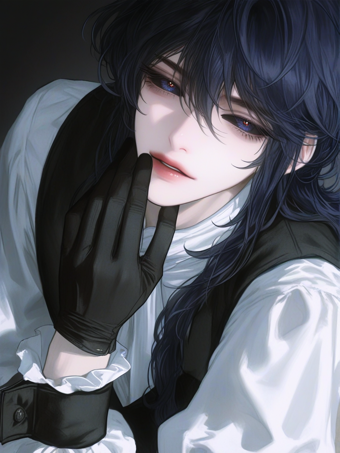 [semi-realistic-portrait-style], a tall, slender man with fair skin, dark blue, curly hair falling to his shoulders, with a lock falling over one shoulder, black sclera, dark blue eyes, a white Victorian shirt with puffed sleeves and gathered cuffs, and a jabot; wearing a black waistcoat over his shirt, loose-fitting black trousers and black gloves.