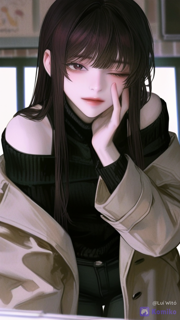 [semi-realistic-portrait-style], @fyori-m-tolstoy-cL0Z, touching face, one eye closed, off-shoulder sweater, capri pants, cowboy shot, looking at viewer, restaurant, depth of field