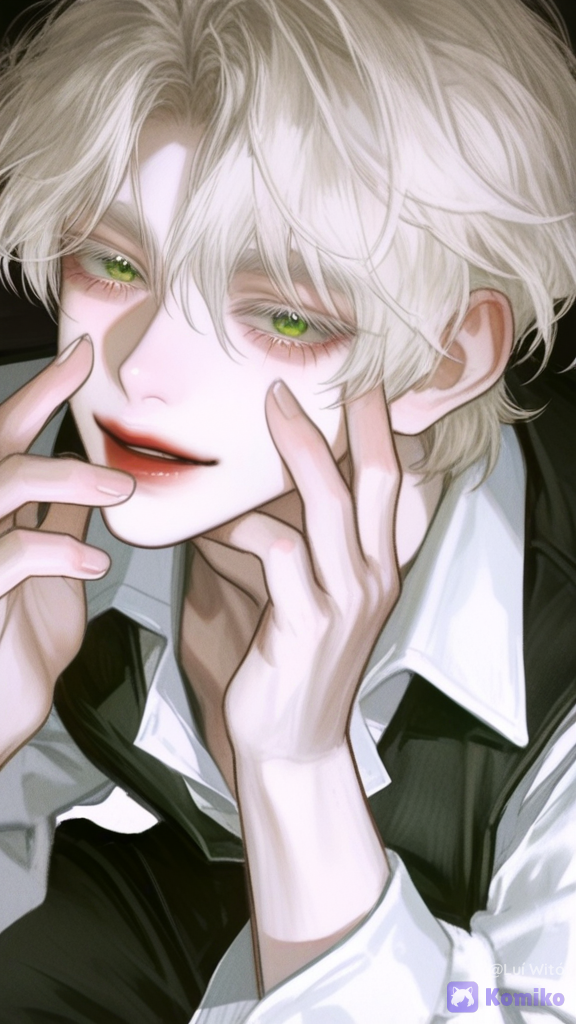 [semi-realistic-portrait-style], @bukowski-dostoy-G7kj, touching face, smile, white formal shirt, black vest, black trousers.
