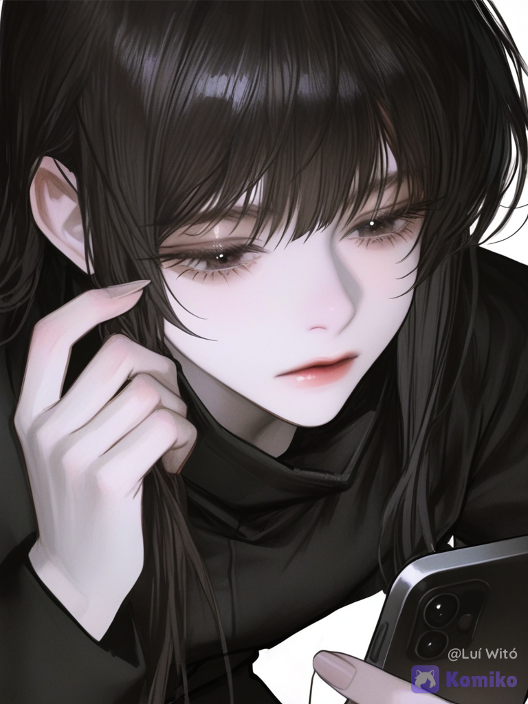 [semi-realistic-portrait-style], @fyori-m-tolstoy-cL0Z, looking at phone, expressionless, cowboy shot, white background