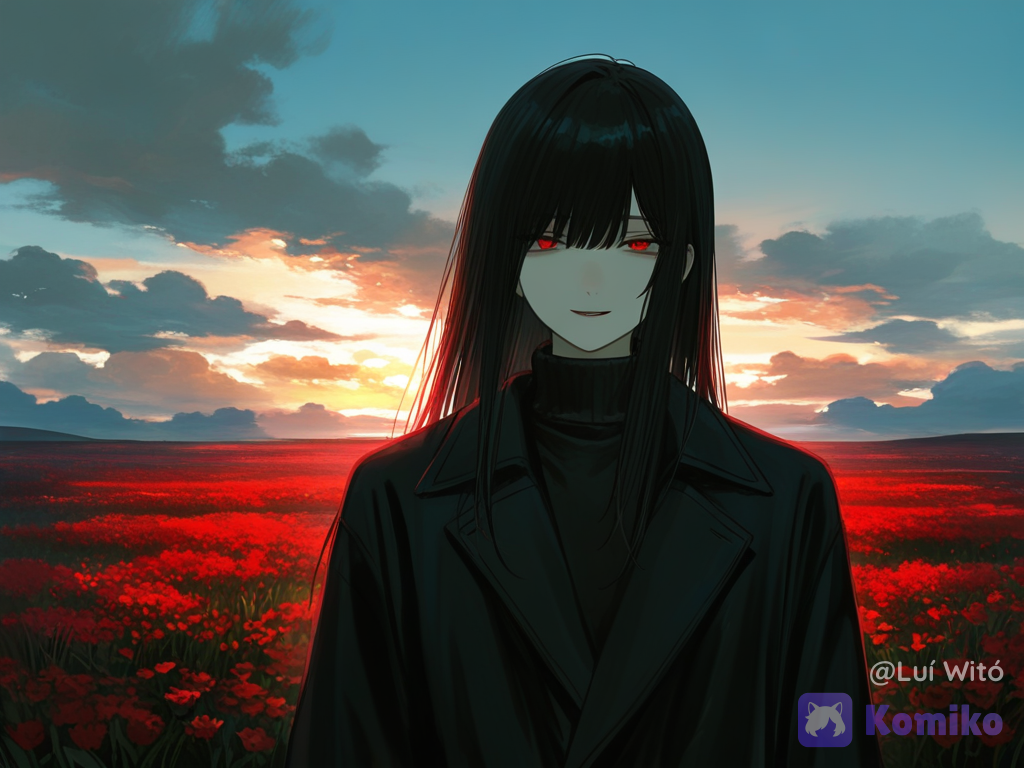 [sensual-glossy-style], @fyori-m-tolstoy-cL0Z, day, flower field, looking at viewer