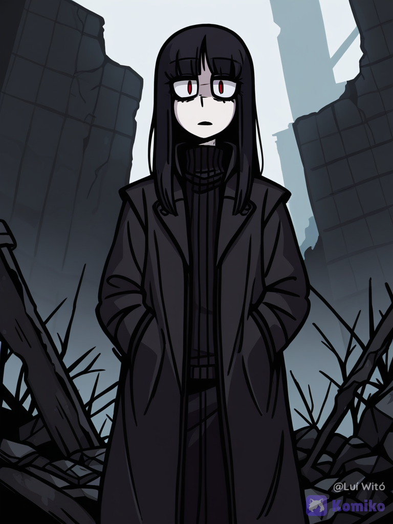 [helltalker-style], @fyori-m-tolstoy-cL0Z, wide shot, looking at viewer, ruins, expressionless, hands in pockets