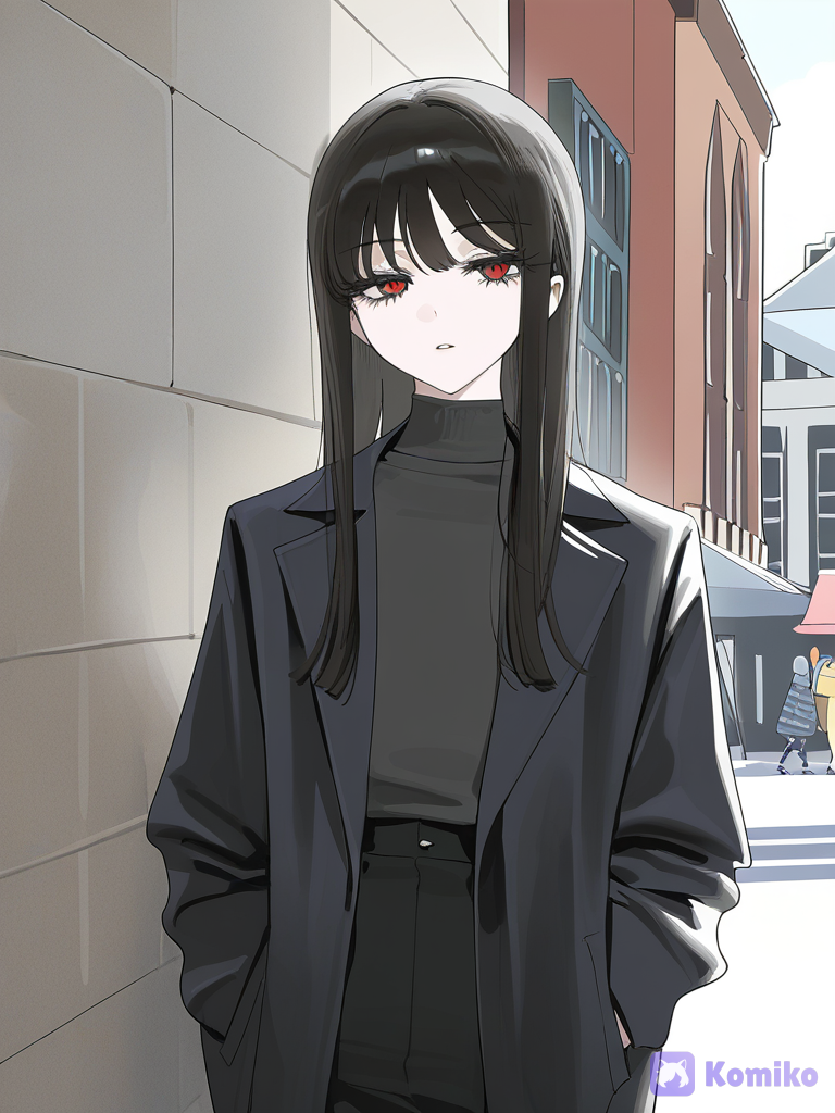 [vibrant-anime-style], @fyori-m-tolstoy-cL0Z, long hair, bangs, cowboy shot, leaning against wall, market street