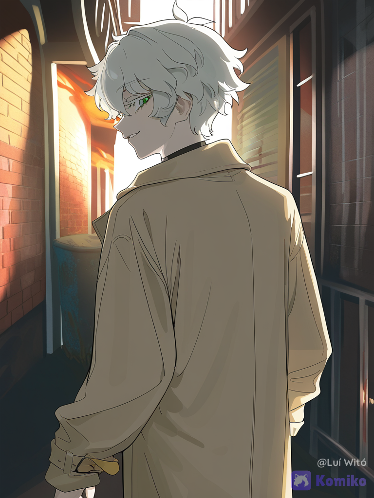 [vibrant-anime-style], @bukowski-dostoy-G7kj, cowboy shot, alley, looking back, smirk