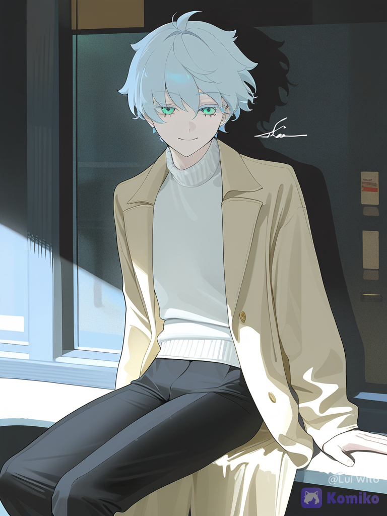 [vibrant-anime-style], @bukowski-dostoy-G7kj, cowboy shot, cafe, sitting on a chair, smile