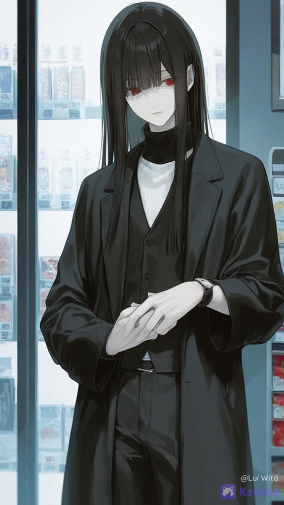 [sweet-pastel-style], @fyori-m-tolstoy-cL0Z, wearing a white formal shirt, black vest, black trousers, and a wristwatch, checking the time on his watch., cowboy shot, depth of field, convenience store