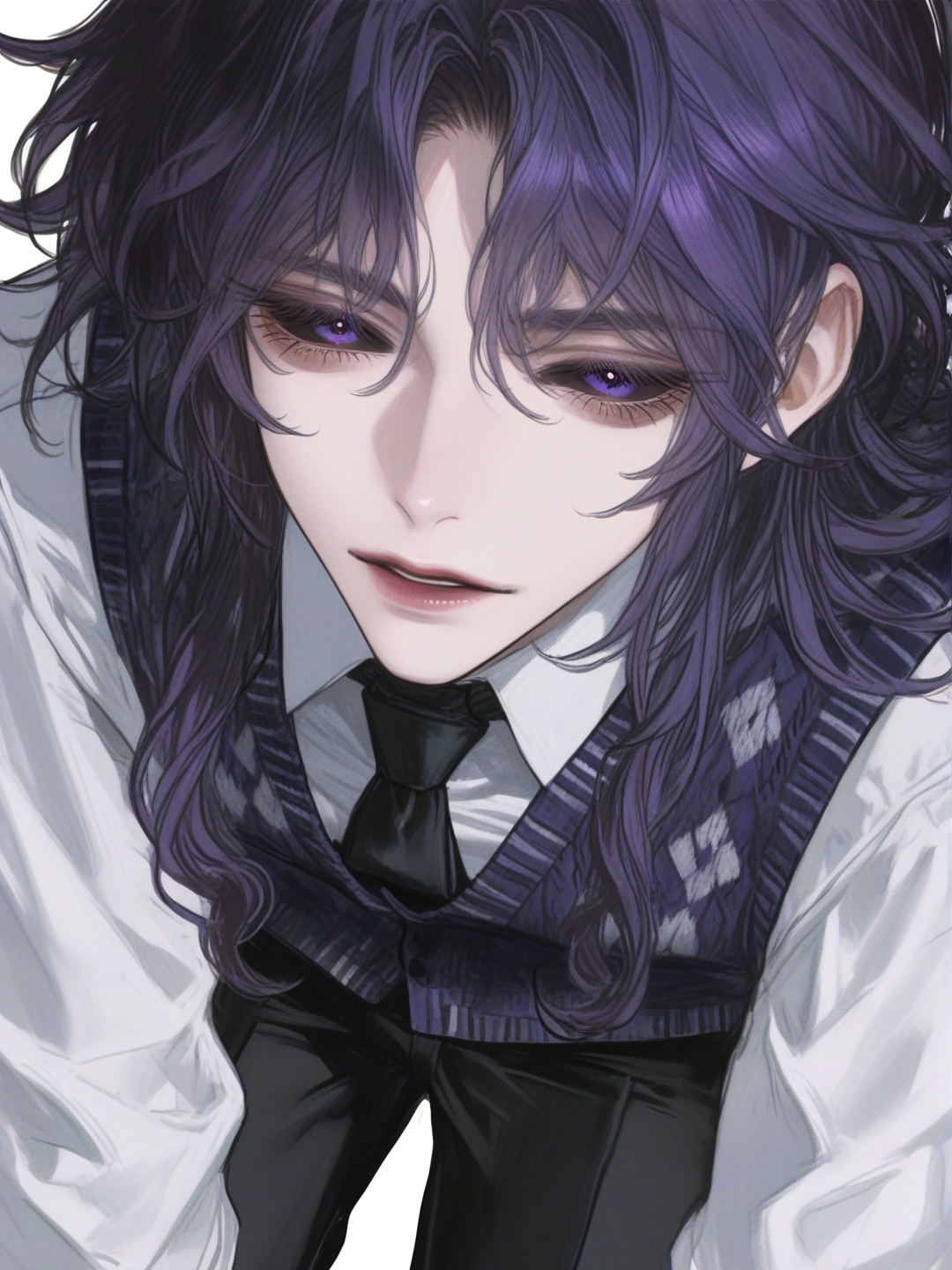 [semi-realistic-portrait-style]1boy, mature, tall, slim, long hair, curly hair, violet hair, violet eyebrows, violet eyelashes, violet eyes, black sclera, delicate face, fair skin, white formal shirt, violet knit vest, black trousers, single character, full body, looking at viewer, anime style, simple background, white background