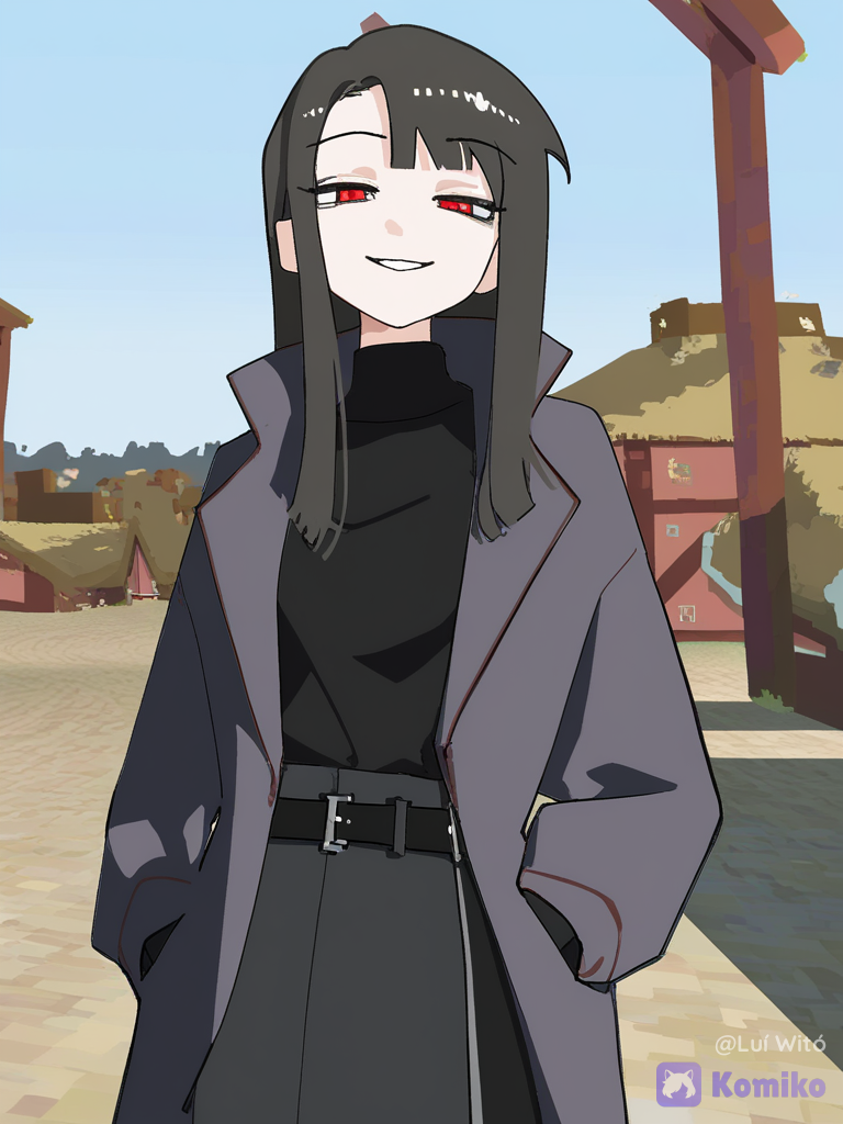 [moe-cubic-style], 1boy, @fyori-m-tolstoy-cL0Z, hands in pockets, smirk, looking at viewer, village
