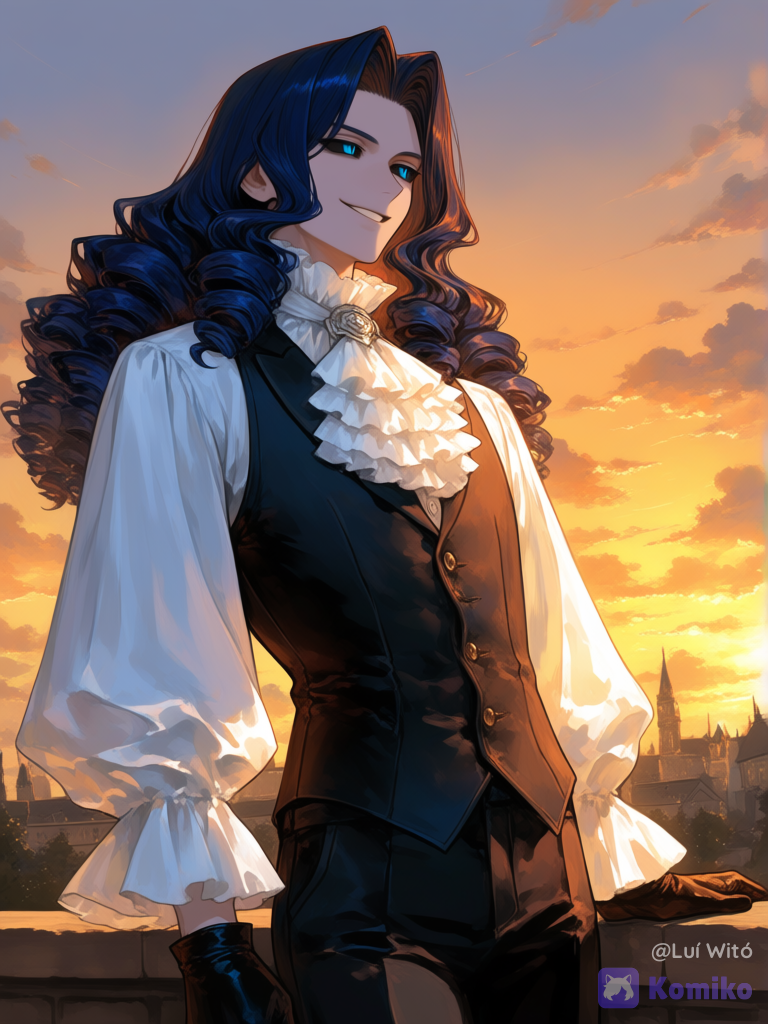 [sweet-painting-style], @alismael-rondrovisk-ZnDm, smile, looking away, depth of field, sunset sky