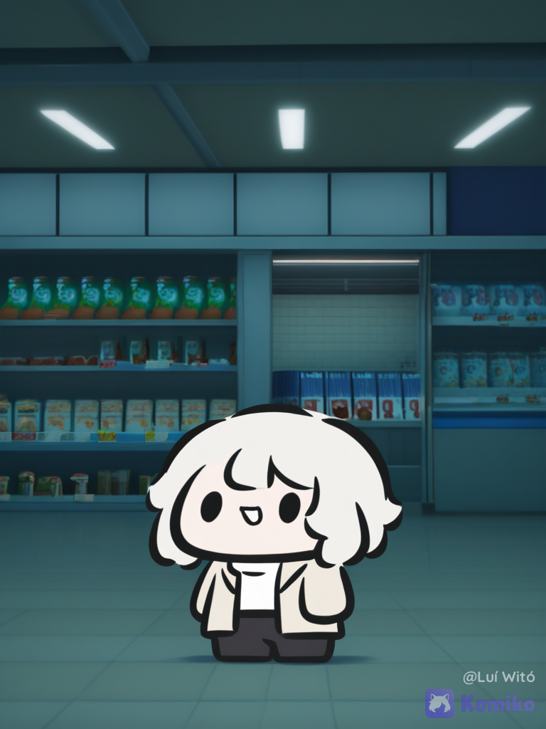 [bubble-chibi-style], 1boy, @bukowski-dostoy-G7kj, wide shot, ambient light, convenience store