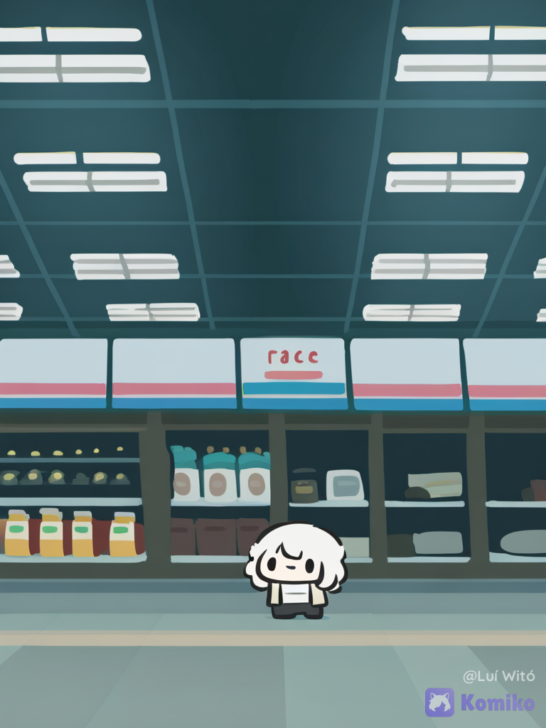 [bubble-chibi-style], 1boy, @bukowski-dostoy-G7kj, wide shot, ambient light, convenience store