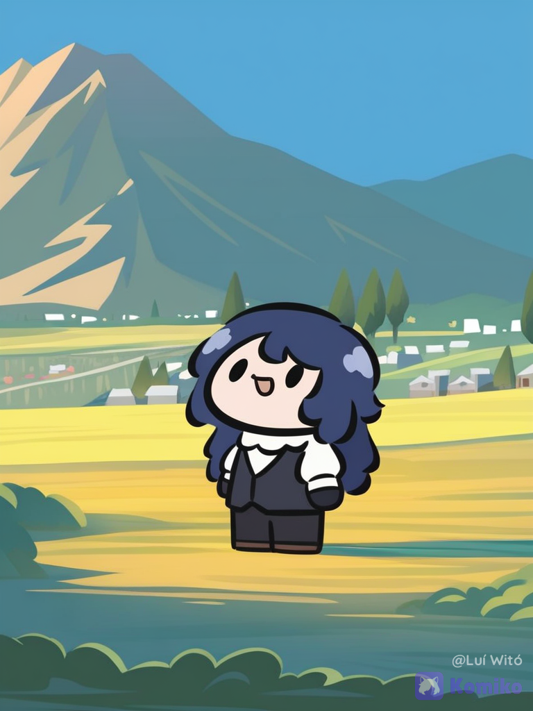 [bubble-chibi-style], 1boy, @alismael-rondrovisk-ZnDm, smile, wide shot, ambient light, mountain village