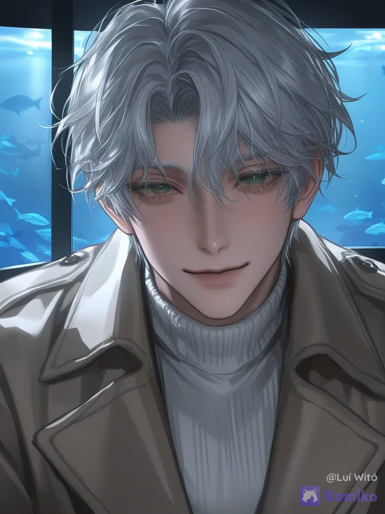 [silky-radiance-style], 1boy, @bukowski-dostoy-G7kj, smile, looking at viewer, day, aquarium