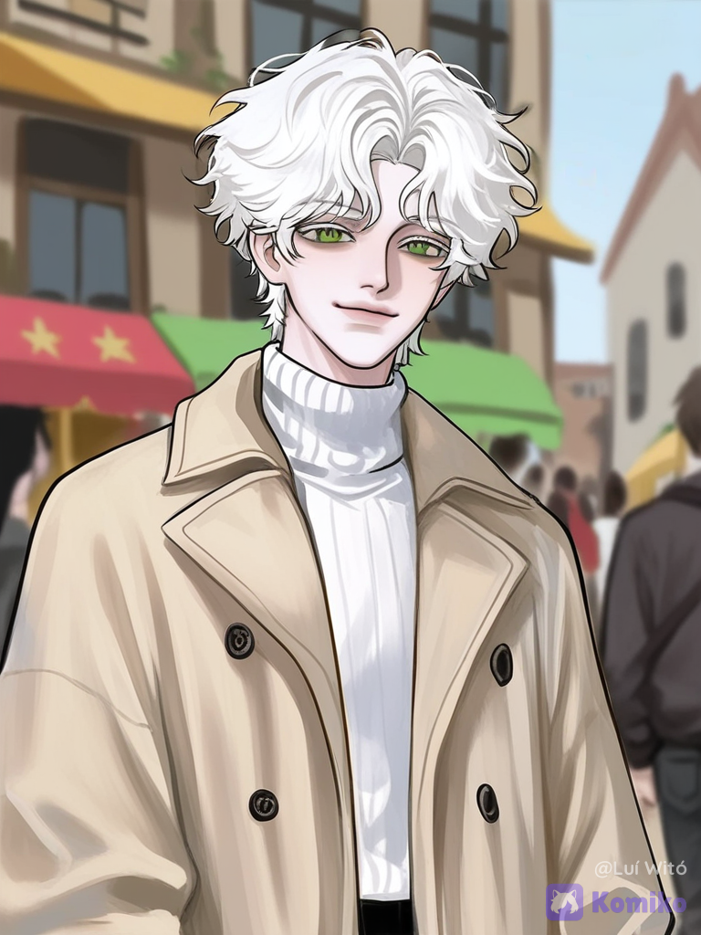 [polished-illustration-style], 1boy, @bukowski-dostoy-G7kj, smile, looking at viewer, day, market street