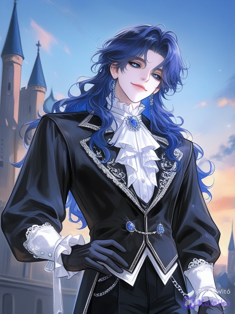 [polished-illustration-style], 1boy, @alismael-rondrovisk-ZnDm, smile, looking at viewer, twilight, castle