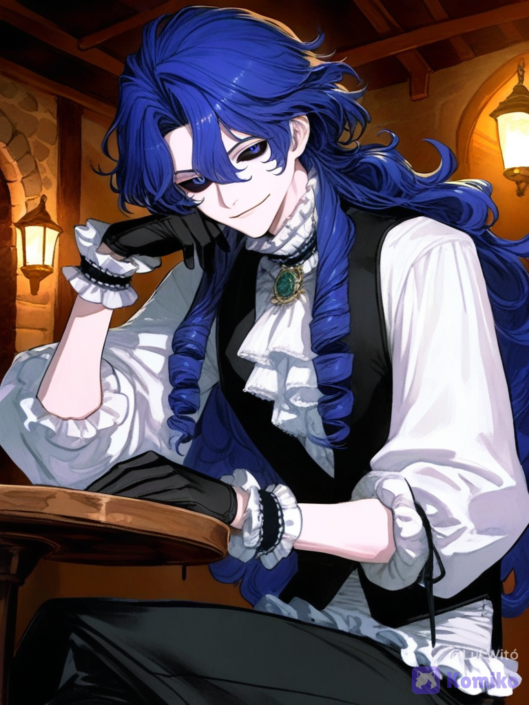 [vibrant-anime-male-style], 1boy, @alismael-rondrovisk-ZnDm, smirk, looking at viewer, ambient light, tavern
