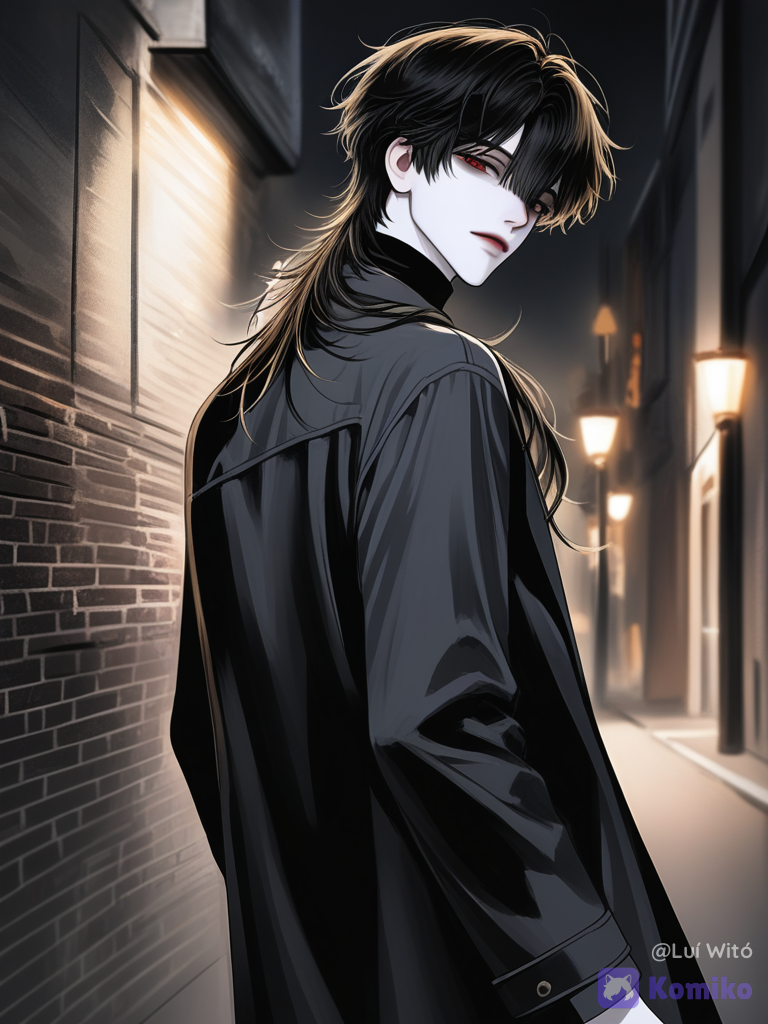 [polished-illustration-style], 1boy, @fyori-m-tolstoy-cL0Z, looking back, frown, over-the-shoulder shot, ambient light, alley