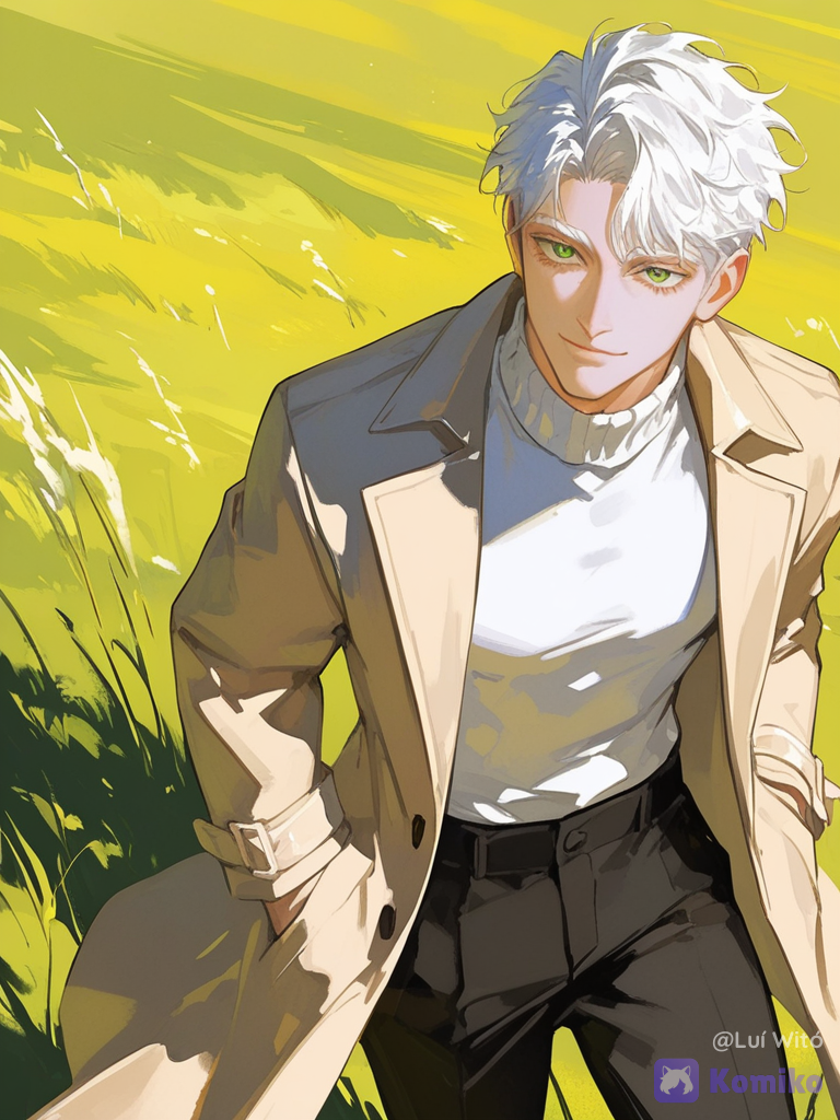 [high-contrast-manhwa-style], 1boy, @bukowski-dostoy-G7kj, smile, looking at viewer, day, grassland, cowboy shot
