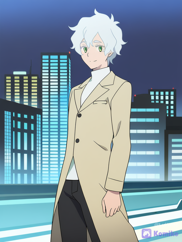 [flat-anime-style], 1boy, @bukowski-dostoy-G7kj, smile, looking at viewer, cowboy shot, city lights, skyscraper