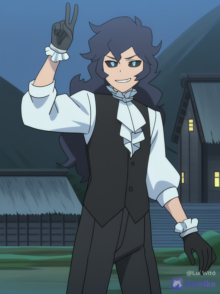[flat-anime-style], 1boy, @alismael-rondrovisk-ZnDm, v sign, smirk, looking at viewer, cowboy shot, night, mountain village