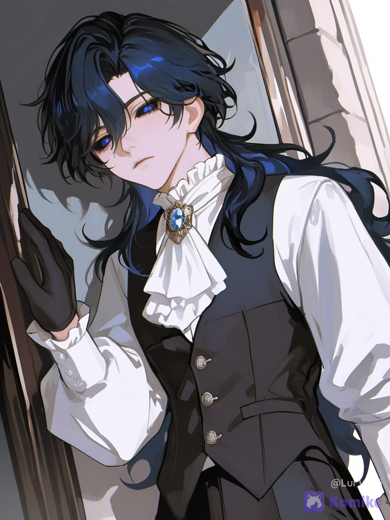 [high-contrast-manhwa-style], 1boy, @alismael-rondrovisk-ZnDm, leaning against wall, expressionless, looking at viewer, cowboy shot, ethereal lighting, castle courtyard