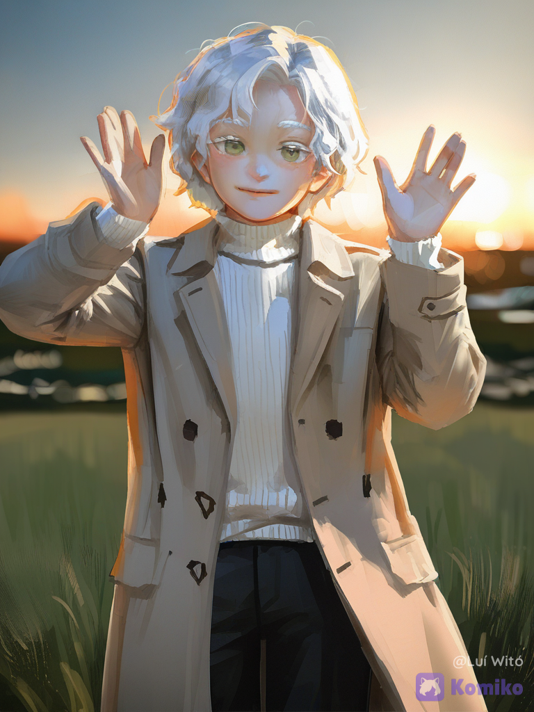 [radiant-coating-style], 1boy, @bukowski-dostoy-G7kj, waving, smile, looking at viewer, golden hour, field