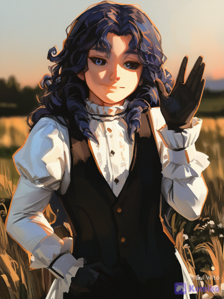 [radiant-coating-style], 1boy, @alismael-rondrovisk-ZnDm, waving, smile, looking at viewer, golden hour, field
