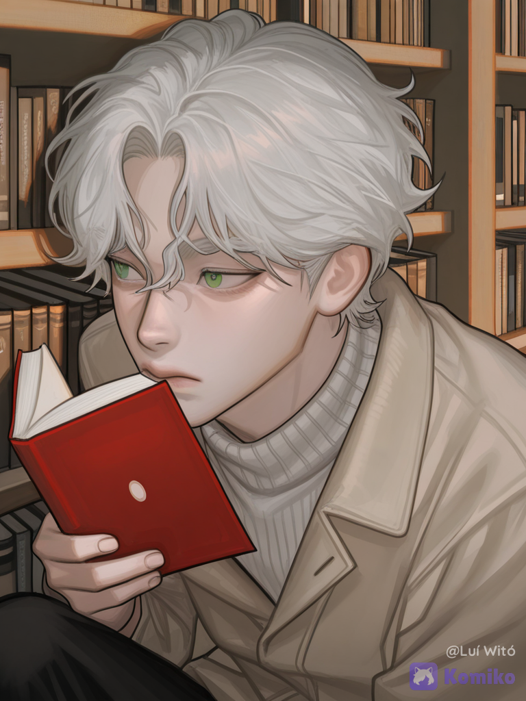 [digital-painterly-style], 1boy, @bukowski-dostoy-G7kj, holding a book, looking away, ambient light, library
