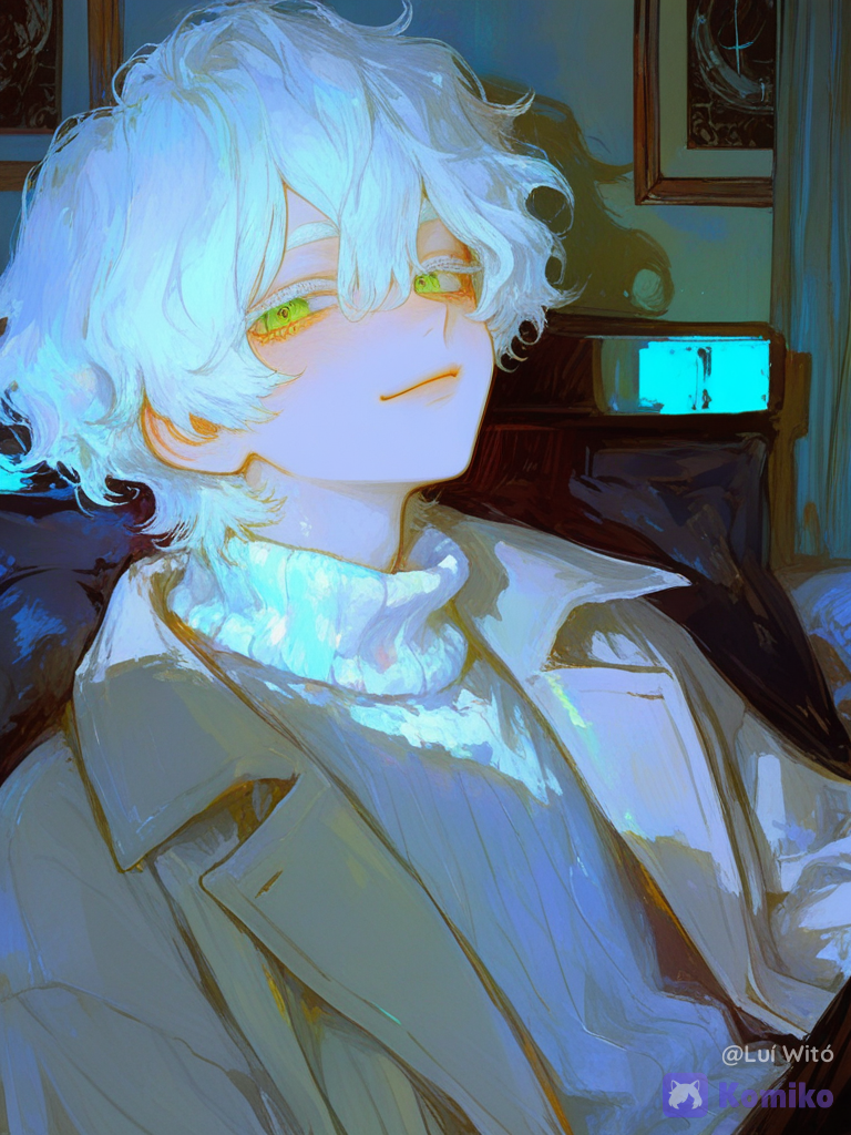 [sweet-painting-style], 1boy, @bukowski-dostoy-G7kj, smirk, upper body, looking at viewer, ambient light, bedroom
