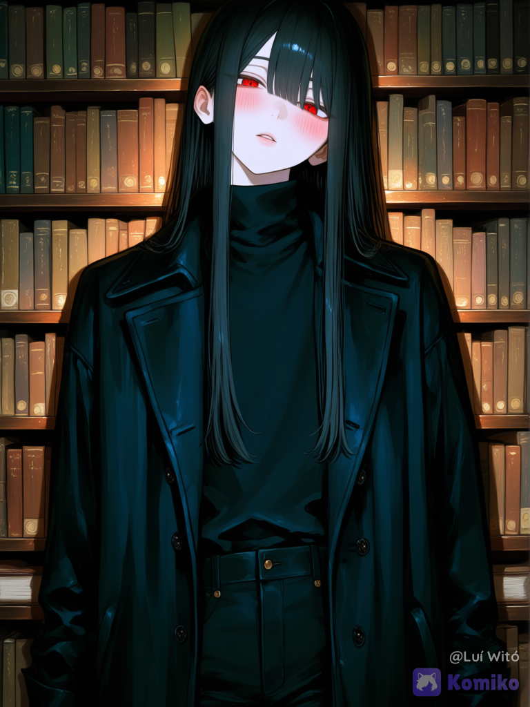 [sweet-painting-style], 1boy, @fyori-m-tolstoy-cL0Z, head tilt, blush, looking at viewer, ambient light, library