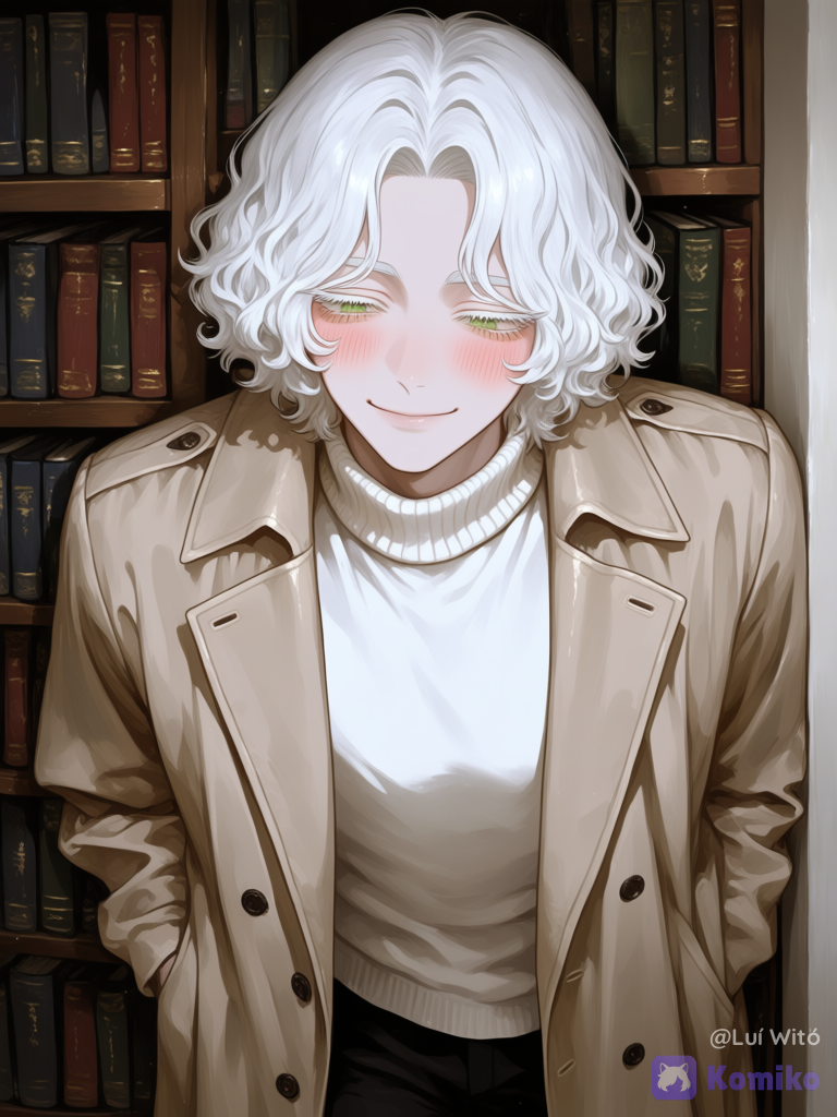 [sweet-painting-style], @bukowski-dostoy-G7kj, leaning against wall, smile, blush, library, ambient light