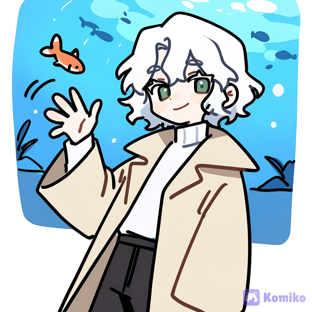 [doodle-sketch-style], 1boy, man, @bukowski-dostoy-G7kj, waving, smile, wide shot, day, aquarium