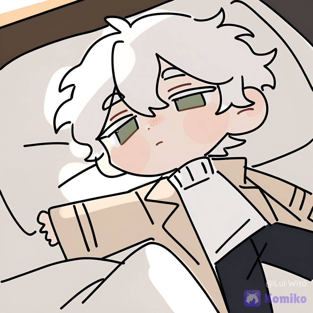 [doodle-sketch-style], 1boy, man, @bukowski-dostoy-G7kj, sleepy, wide shot, ambient light, bedroom