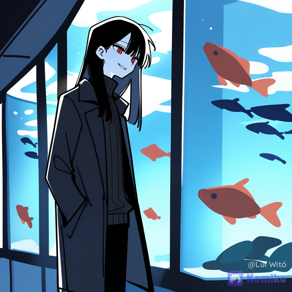 [doodle-sketch-style], 1boy, man, @fyori-m-tolstoy-cL0Z, hands in pockets, smile, wide shot, day, aquarium