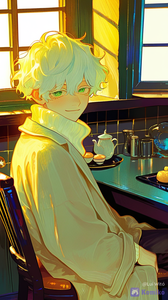 [sweet-painting-style], 1boy, man, @bukowski-dostoy-G7kj, smile, window light, sitting on a chair, in the kitchen, looking at viewer, wide shot