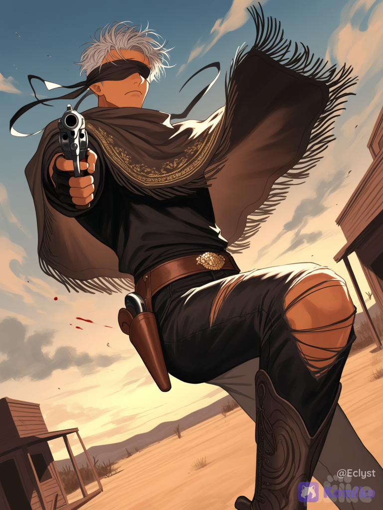solo, solo focus, 1boy, dark skin, tan skin, sharp face, high cheekbones, blindfold, grey hair, short hair, loose hair strands, messy hair, torn clothes, ripped clothes, black clothes, gold embroidery, western attire, poncho, fingerless gloves, black pants, torn pants, cowboy boots, holding gun, twin revolvers, aiming, mid shot, midair, dynamic pose, leg up, one knee up, looking at viewer, blindfold, cold expression, blood, blood splatter, wind effect, dramatic lighting, clothing, intricate detail, highly clean shaved, aiming at viewer, pointy ears, bandolier, sunset, cloudy sky, abandoned western town, badlands, ultra newest, cinematic anime style, melancholic_glossy_cinematic_v1, niji_semi_v7, semi-realistic, realistic anime, illustration, digital art, painterly, 8k, skin, glossy skin, cinematic lighting, depth of field, bishounen, delicate features,Realistic facial features, features, well-defined features, semi-realistic style, painted style, solo, minimalism, handsome face, adult male style, short hair, beautiful eyes.,D4rkL1nes, mature male, dutch angle, older man, frown, middle aged, dark-skinned male, [serious-man-style]
