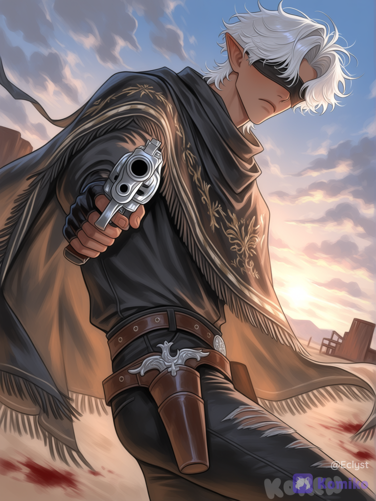 solo, solo focus, 1boy, dark skin, tan skin, sharp face, high cheekbones, blindfold, grey hair, short hair, loose hair strands, messy hair, torn clothes, ripped clothes, black clothes, gold embroidery, western attire, poncho, fingerless gloves, black pants, torn pants, cowboy boots, holding gun, twin revolvers, aiming, mid shot, midair, dynamic pose, looking at viewer, blindfold, cold expression, blood, blood splatter, wind effect, dramatic lighting, clothing, intricate detail, highly clean shaved, aiming at viewer, pointy ears, bandolier, sunset, cloudy sky, abandoned western town, badlands, ultra newest, cinematic anime style, melancholic_glossy_cinematic_v1, niji_semi_v7, semi-realistic, realistic anime, illustration, digital art, painterly, 8k, skin, glossy skin, cinematic lighting, depth of field, bishounen, delicate features,Realistic facial features, features, well-defined features, semi-realistic style, painted style, solo, minimalism, handsome face, adult male style, short hair, beautiful eyes.,D4rkL1nes, mature male, dutch angle, older man, frown, middle aged, dark-skinned male, wind, long ears, tanned skin, [polished-illustration-style]