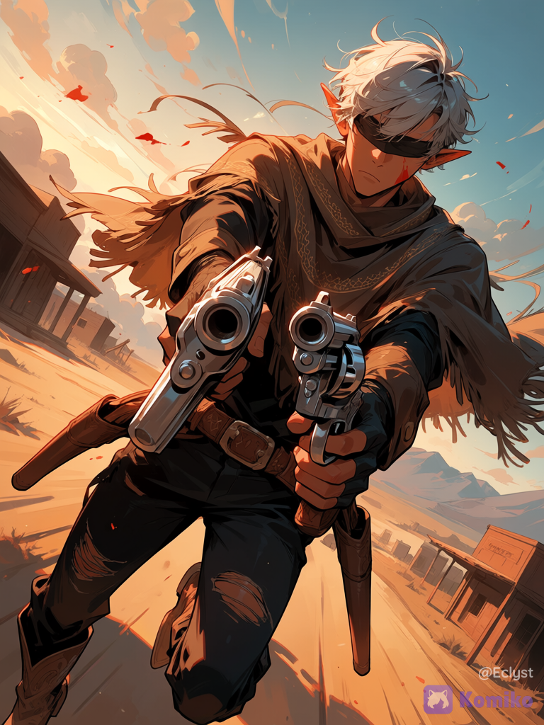 solo, solo focus, 1boy, dark skin, tan skin, sharp face, high cheekbones, blindfold, grey hair, short hair, loose hair strands, messy hair, torn clothes, ripped clothes, black clothes, gold embroidery, western attire, poncho, fingerless gloves, black pants, torn pants, cowboy boots, holding gun, twin revolvers, aiming, mid shot, midair, dynamic pose, looking at viewer, blindfold, cold expression, blood splatter, wind effect, dramatic lighting, clothing, intricate detail, highly clean shaved, aiming at viewer, pointy ears, bandolier, sunset, cloudy sky, abandoned western town, badlands, ultra newest, cinematic anime style, melancholic_glossy_cinematic_v1, niji_semi_v7, semi-realistic, realistic anime, illustration, digital art, painterly, 8k, skin, glossy skin, cinematic lighting, depth of field, bishounen, delicate features,Realistic facial features, features, well-defined features, semi-realistic style, painted style, solo, minimalism, handsome face, adult male style, short hair, beautiful eyes.,D4rkL1nes, mature male, dutch angle, older man, frown, middle aged, dark-skinned male, wind, long ears, tanned skin,(semi_realistic_art_style, pseudo_realism, thick_coating, crayon_sketch, detailed_shading, thick_outlines),john kafka,Anime illustration, light tones, soft lines, soft shading, reflected light, Ethereal anime art, cinematic shot, looking at viewer, 2 revolvers, 2 guns