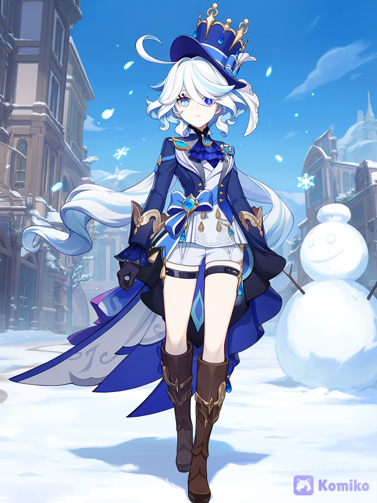 @Furina_(Genshin_Impact), fur collar coat, slim-fit pants, Wearing brown boots on a day when white snow is falling and building a snowman.