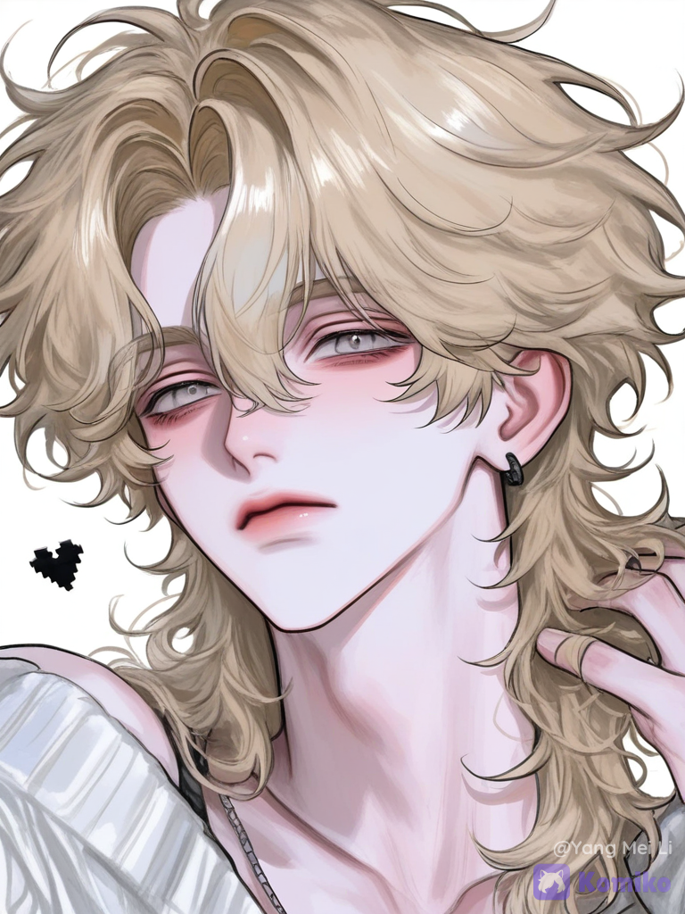 [polished-illustration-style], pixel art, comic shading, 1boy, frown, off-shoulder sweater, top light, side light, white background, long blonde hair, messy hair, Light gray eyes, portrait, full body, holding hair