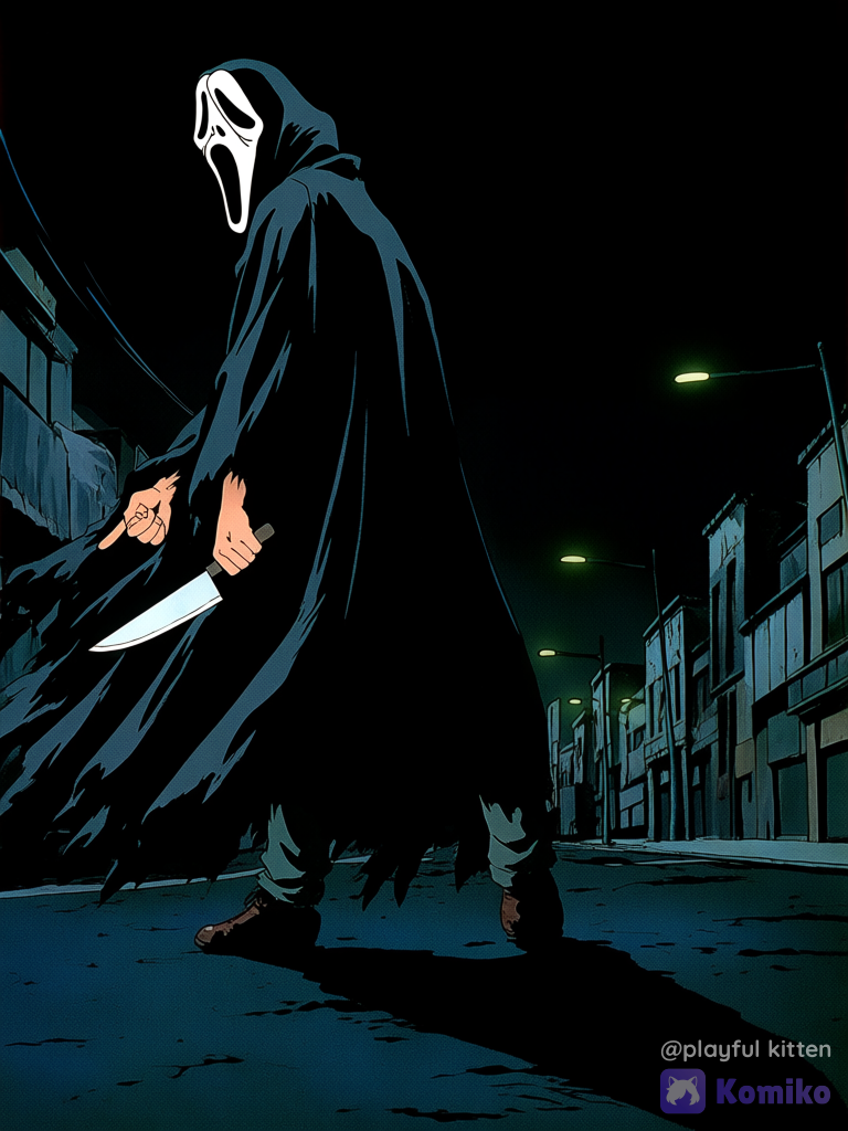 Ghostface standing with his back toward the viewer, seen from a slightly low-angle perspective, partially turning his head toward the camera so his iconic elongated white mask is clearly visible. He wears a long, worn black robe that moves slightly in the wind. In one hand, he holds a metallic kitchen knife pointed downward, maintaining a threatening and silent posture. 1990s Japanese anime aesthetic, traditional hand-drawn animation, bold hand-inked lines, cel shading, slightly muted colors, dramatic lighting, and classic animation texture. Set at night on a dark, empty urban street, with dim city lights in the background, deep shadows, and a cinematic horror atmosphere. Full-body composition, dynamic perspective, subtle film grain, and the appearance of traditional 2D animation from a 1990s horror anime film.
