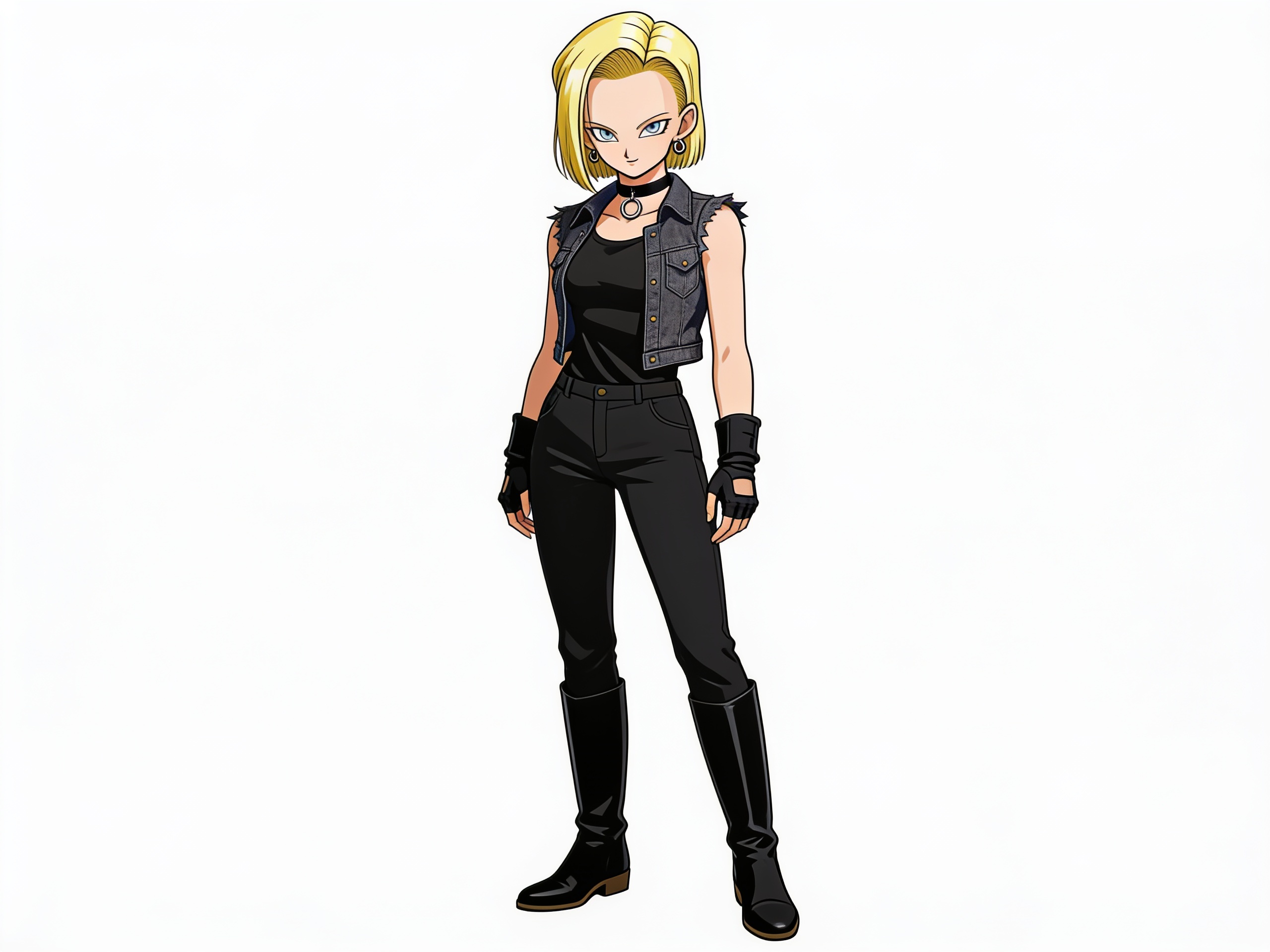 1girl, Android 18, black tanktop, black pants, long black boots, flat boots, dark grey sleeveless denim jacket, black choker, no pendant, black fingerless gloves, combat gloves, short gloves, small dark silver circle earrings, gothic earrings, single character, full body, looking at viewer, anime style, simple background, white background, anime style
