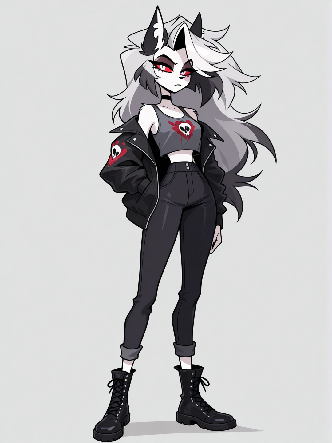 [hellaverse-style], is a 18 year old female wolf hellhound & has loona's white & dark grey color hair & a emo anime girl hairstyle dark grey fur color & is wearing a dark grey tanktop & black pants & long black boots without heels & a black jacket & has loona's white colored eyes & a stoic face demeanor, mature, tall, slim and loona x vortex